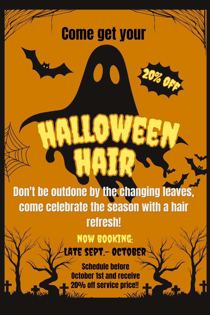 Halloween Flyer for 20% of services booked before 10/1/26