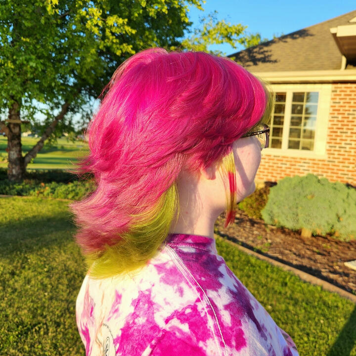 Image of hair creatively colored with vivid pink and green